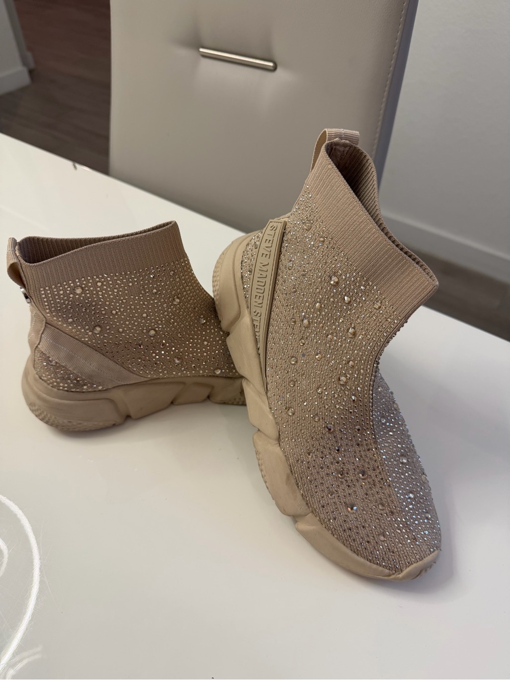 Steve Madden Rhinestone Knit Slip-On Sock Sneakers - Beige. Size 8.